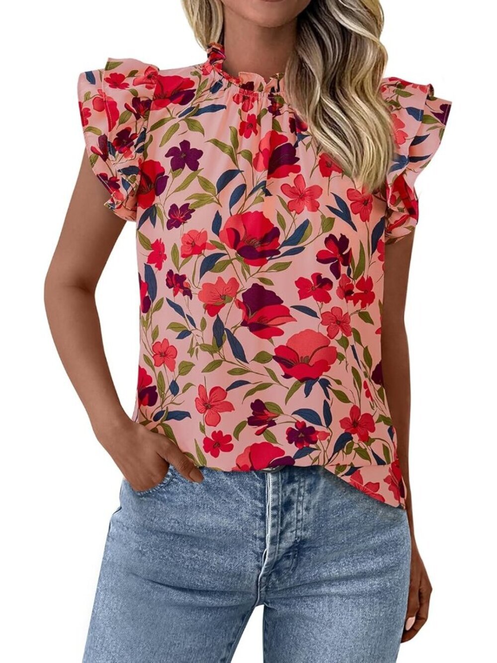 Women's Red Flower Floral Trim Neck Casual Short Sleeve Summer Tops
